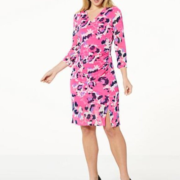 IMAN Dresses & Skirts - IMAN RED BLACK Floral Chic Surplice Mesh Bodycon Dress Large